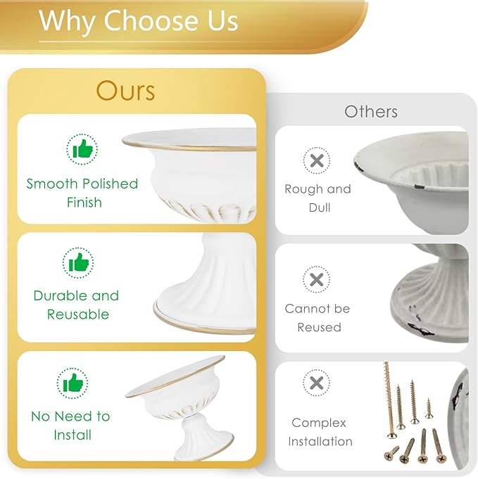 White Wedding Vases for Centerpieces: Small Flower Vase for Tables - 5 Inch Metal Compote Bowl Urn Pedestal for Party Anniversary Event Home Decor Set of 10