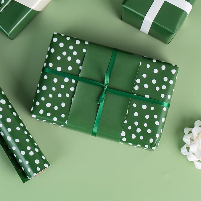 WRAPAHOLIC Reversible Wrapping Paper - Mini Roll - 17 Inch X 33 Feet - Dark Green and Delicate Polka Dots Design for Birthday, Holiday, Wedding, Baby Shower