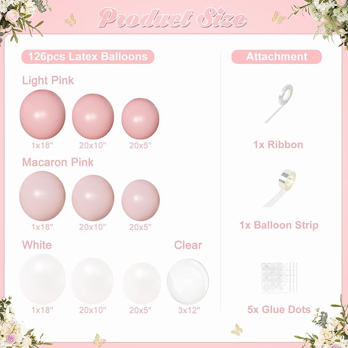Light Pink Balloon Arch Kit, 126Pcs Baby Pink and White Balloon Garland Kit for Wedding Birthday Baby Shower Gender Reveal Bridal Shower Party Decorations
