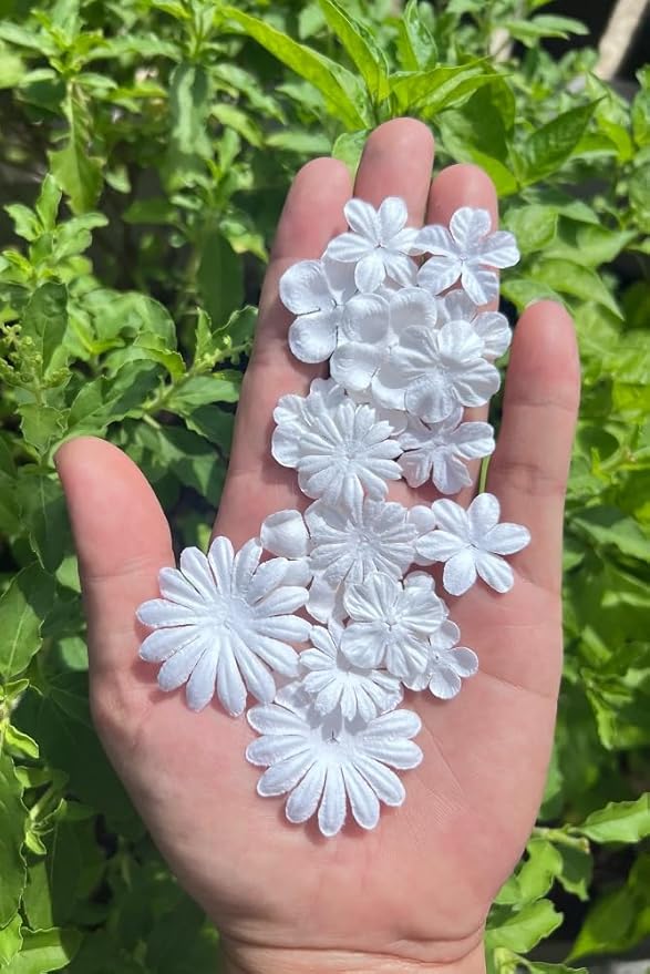 100 Pcs Handmade Mulberry Paper Flowers 3 mm - 1.5 Inch Scrapbooking Wedding DIY Craft Supplies Card. (Mixed White Flowers)