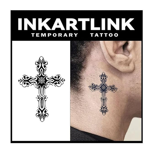 INKARTLINK Tattoo Tech, 3 Sheets Small Semi Permanent Tattoo, Adult Art Design Temporary Tattoos, Lasts 1-2 Weeks, Waterproof, Realistic Look, No Adhesive, No Reflection (Actually, a Cross)