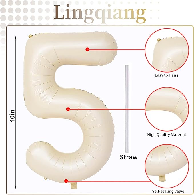 Beige Number 5 Balloon for Girls Boys, 40 Inch Large Cream Number 0-9 Foil Mylar Helium Digital Balloons Set for Women Men Birthday Graduation Anniversary Party Decorations Celebration Supplies