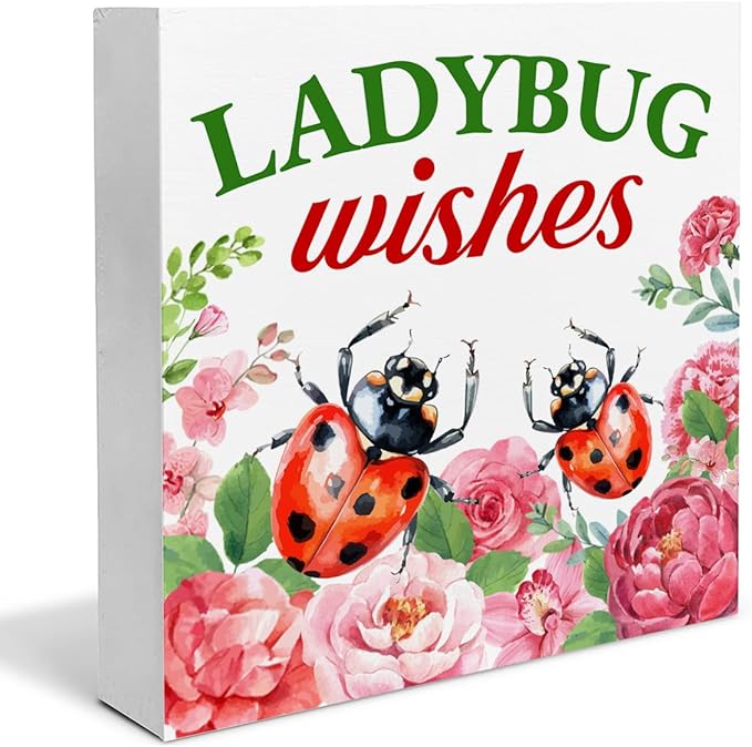 Dolimifa Summer Decorations Summer Floral Wood Block Sign Rustic Summer Decor for Home Desk Table Shelf 5 x 5 Inches, LADYBUG