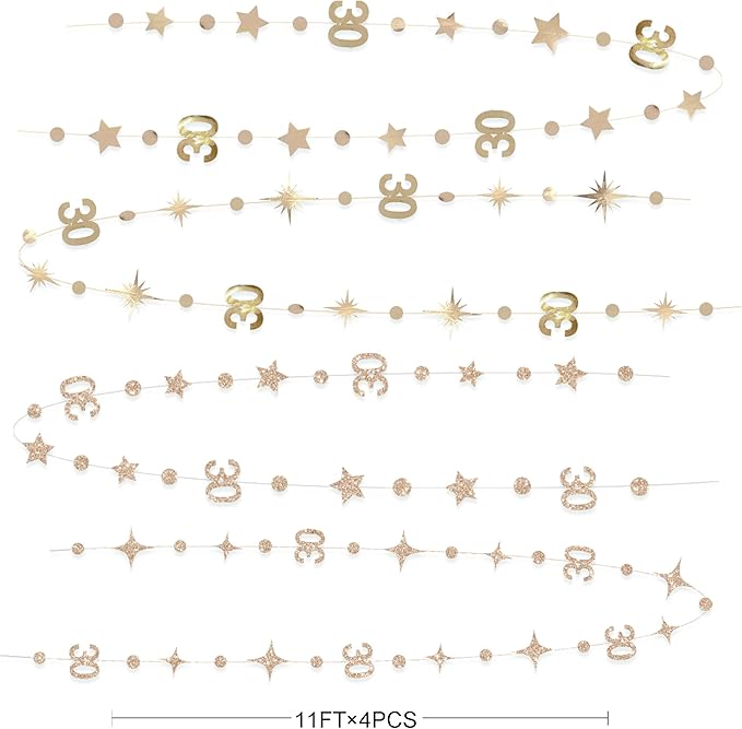 Champagne Gold 30th Birthday Decorations Number 30 Circle Dot Twinkle Star Garland Streamer Banner Backdrop for Womens Cheers to 30 Years Old Dirty Thirty Happy 30th Anniversary Party Supplies