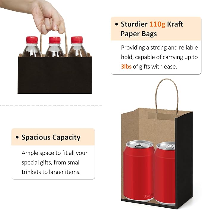 BagDream Gift Bags 100Pcs 5.25x3x8 Small Kraft Paper Gift Bags with Handles Bulk, Black Paper Sacks for Small Business, Retail, Merchandise, Grocery, Wedding Birthday Party favor