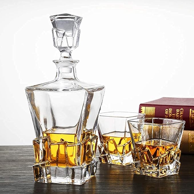Whiskey Decanter Glasses Set Lead-Free Crystal Glass Scotch Tasting Cups Wine Bottle for Drinking Irish Whisky Bourbon Tequila tumbler (Ice cubes, 1 Decanter & 6 Glasses Set)
