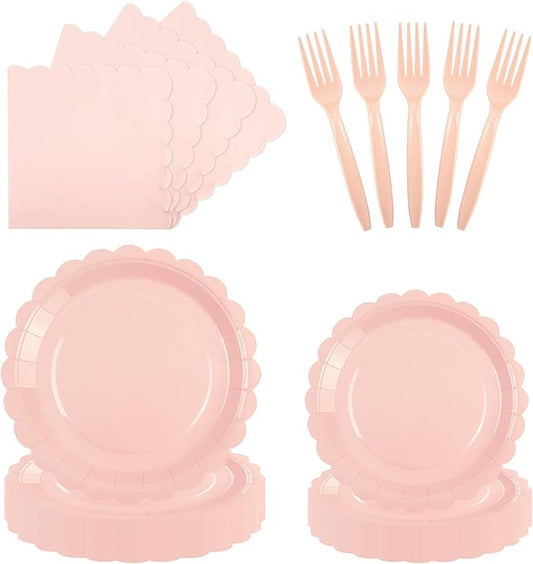 96PCS Pink Paper Plates and Napkins, 24 Guest Light Pink Disposable Tableware Set Include Scalloped Paper Plates Napkins and Forks Decoration Party Supplies for Birthday Wedding Baby Shower