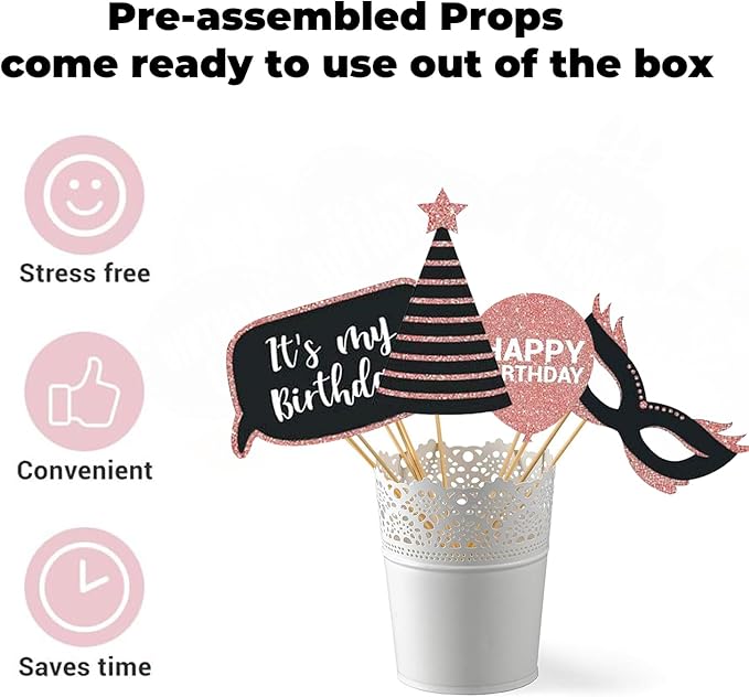 Party Birthday Photo Booth Props, 30Pcs Set of Happy Birthday Selfie Party Supplies with Real Glitter Cute Bday Designs for Women or Girls,Easy to Assemble(Rose Gold)
