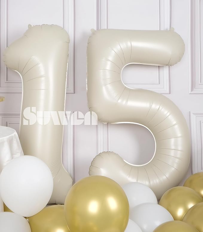SUWEN 40 Inch Cream White Large 15 Number Balloons Big Foil Helium Number Balloons 0-9 Jumbo Happy 15th Mylar Birthday Party Decorations for Boy or Girl 51 Anniversary Party Supplies