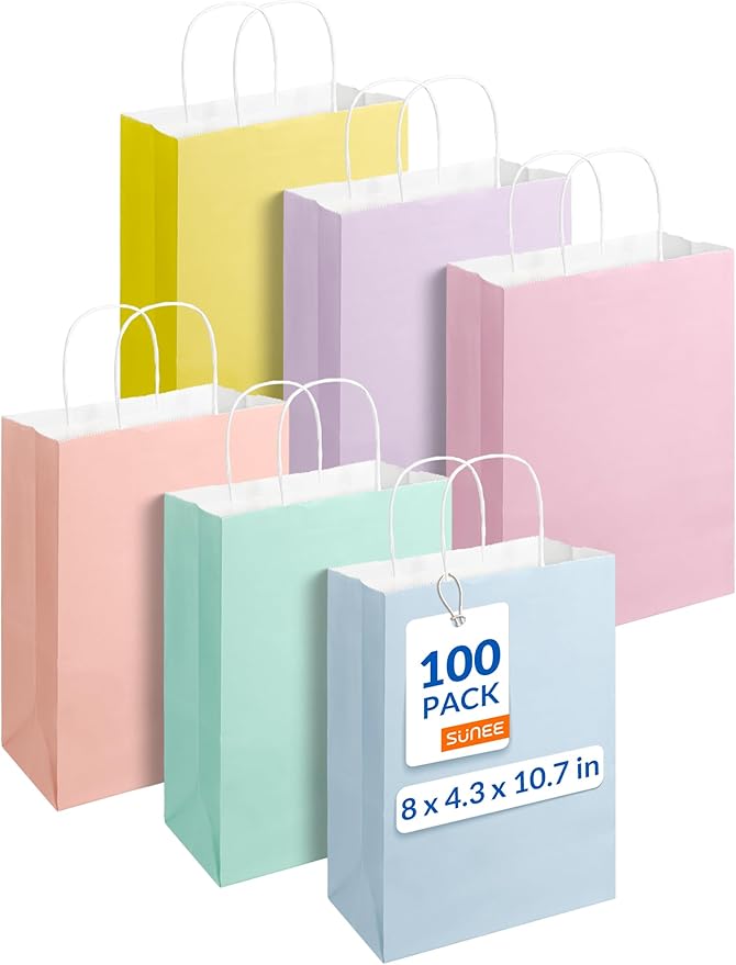SUNEE Gift Bags with Handles 8x4.3x10.7, 100 Pcs Paper Gift Bags Medium Size Bulk, Pastel Color for Wedding, Birthday, Party Supplies and Celebrations