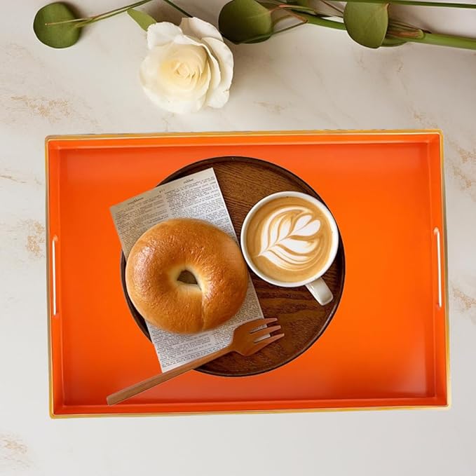 Large Decorative Tray, Orange Serving Tray with Handles, Plastic Coffee Table Tray for Living Room, Ottoman, Bathroom, Kitchen, Decor, 15.7”*11.8”
