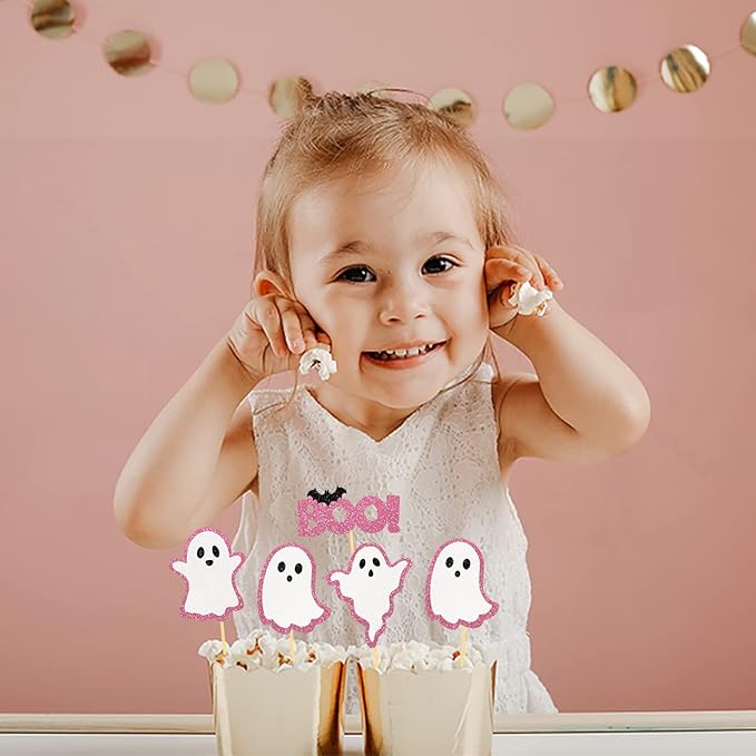 24 Pack Glitter Ghost Cupcake Toppers - Baby Shower Cupcake Toppers Decor Gender Reveal Party Decorations (Pink)