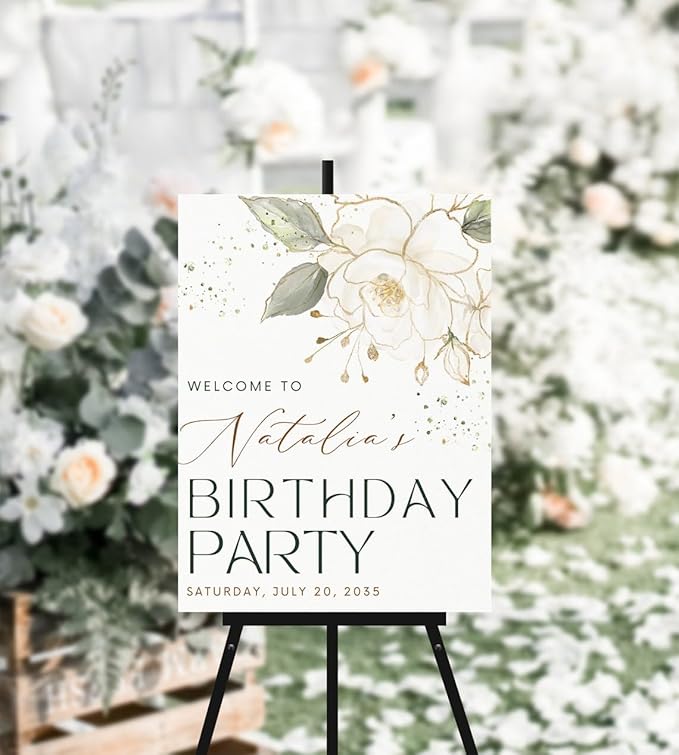 Birthday Party Welcome Sign, Gold Leaves Floral | Any Party Celebration Welcome Sign Template | customized birthday yard signs, birthday decorations, birthday Sign
