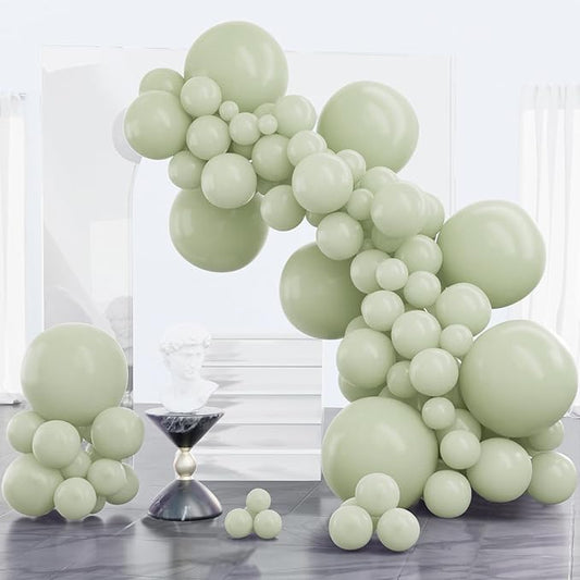 PartyWoo Sage Green Balloons 100pcs Different Sizes of 18 12 10 5 Inch Dusty Boho Green Latex Balloon Arch Kit for Wedding Birthday Dinosaur Jungle Golf Football Theme Party Decorations Green-F32