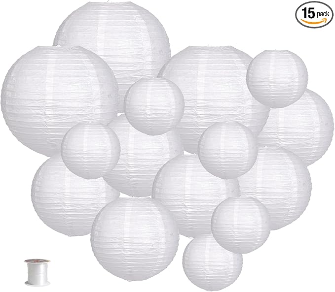 Paper Lanterns Party Decorations, Round Hanging Paper Lanterns Decorations for Graduation Engagement Wedding Birthday Party Supplies White 15pcs
