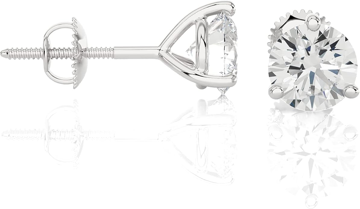 1/4 to 2 Carat Natural or Lab Grown Diamond Round Stud Earrings for Women in 14k White Gold (D-E to L-M, VVS1-VVS2 to SI2-I1, cttw) 3-Prong Martini Screw Back by Privosa Fine Jewelry