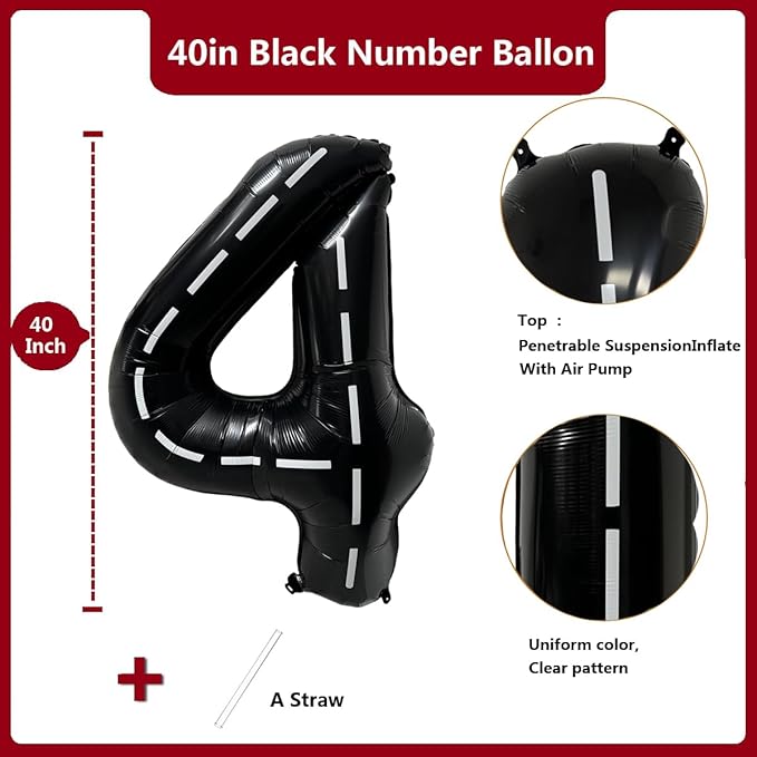 40 Inch Race Car Black Number Balloons Race Car Birthday Party Balloons Large Black Number 4 Balloons Boys 4th Birthday Party Race Car Theme Party Decorations Supplies（Digital 4）