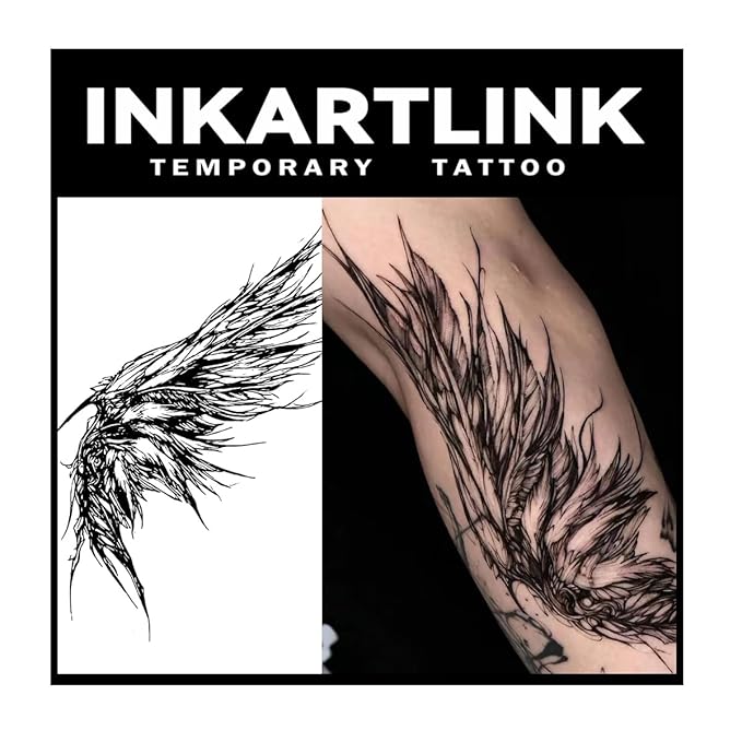 INKARTLINK Tattoo Tech, 2 Sheets Large Semi Permanent Tattoo, Adult Art Design Temporary Tattoos, Lasts 1-2 Weeks, Waterproof, Realistic Look, No Adhesive, No Reflection (Feathers Design)