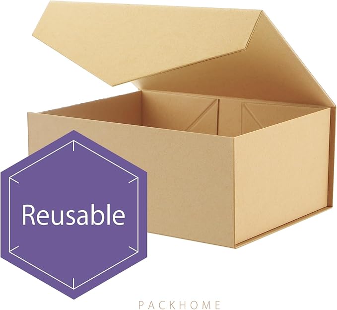 PACKHOME Gift Box 9x6.5x3.8 Inches, Rectangle Collapsible Box with Magnetic Lid for Gift Packaging (Kraft)