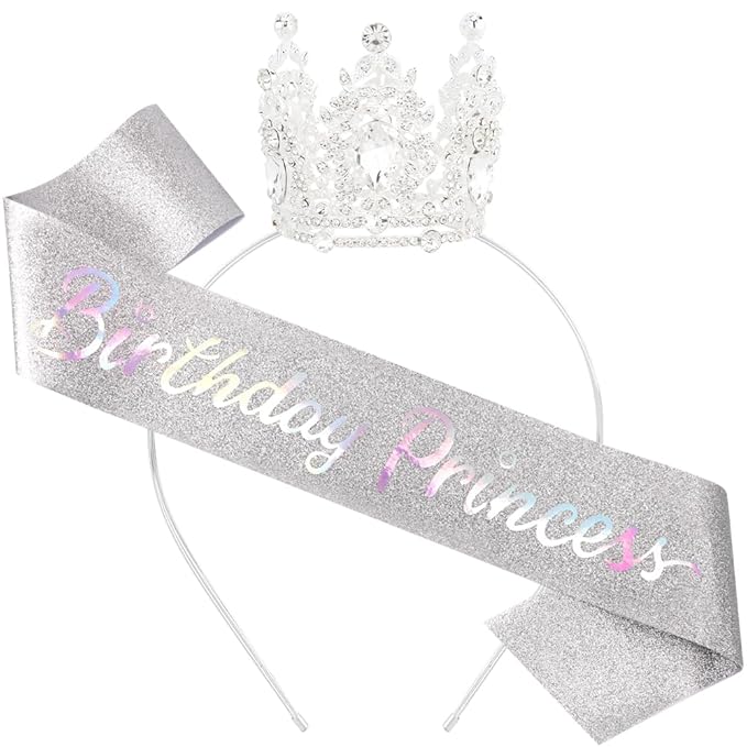 Birthday Princess Sash for Women Tiara & Crowns Headbands for Girls Happy Birthday Party Accessories Favor Supllies Leona Silver Pink, 2 Pack