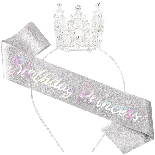 Birthday Princess Sash for Women Tiara & Crowns Headbands for Girls Happy Birthday Party Accessories Favor Supllies Leona Silver Pink, 2 Pack