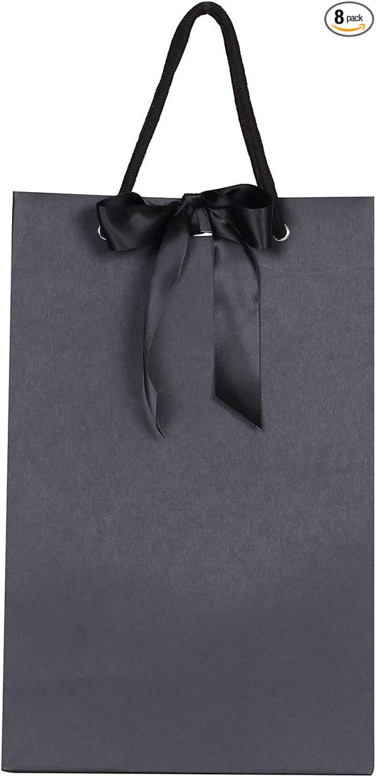 PAPERIST 8pcs 11.8x4.9x15.7” Elegance Black Gift Bag with Black Satin Bows Ribbon, Sturdy Durable Thick Gift Bag,Gift bag for Wedding, Christmas, Birthday Party, Bridal Shower, Baby Shower