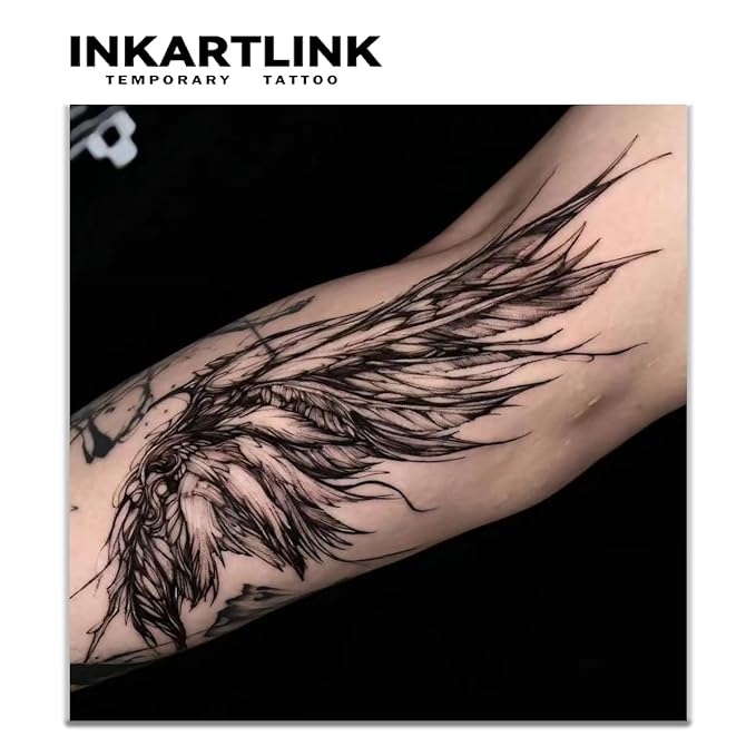 INKARTLINK Tattoo Tech, 2 Sheets Large Semi Permanent Tattoo, Adult Art Design Temporary Tattoos, Lasts 1-2 Weeks, Waterproof, Realistic Look, No Adhesive, No Reflection (Feathers Design)