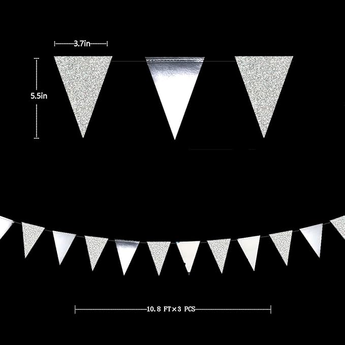 30 Ft Silver Party Decorations Glitter Metallic Paper Triangle Banner Flag Garland Pennant Bunting for Graduation Wedding Engagement Anniversary Bachelorette Birthday Baby Bridal Shower Party Supplies