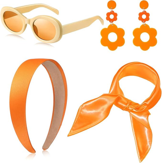 4 Pcs 70s 60s Accessories Women Hippie Disco Groovy Costume Accessories Headband Dangle Earrings Sunglasses Silk Scarf
