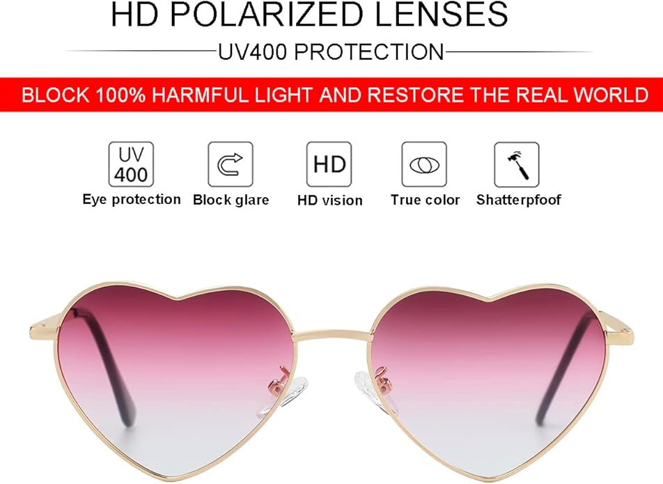 JOVAKIT Polarized Heart Sunglasses for Women Fashion Lovely Style Metal Frame UV400 Protection Lens