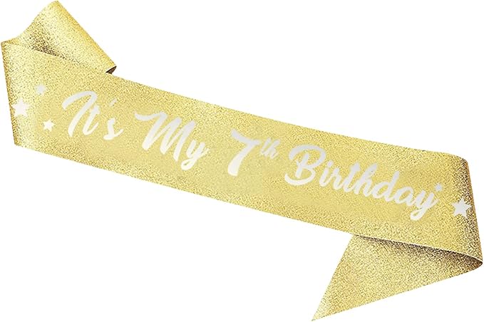 7th Birthday Party Set - Glitter Sash, Tiara Crown, and Decorations for Girls, Gold