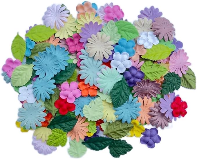100 Pcs Handmade Mixed Mulberry Paper Flowers Petals and Leaves Scrapbooking Wedding DIY Craft Supplies Card(Mixed Pastel Flowers/Green Tone Leaves)