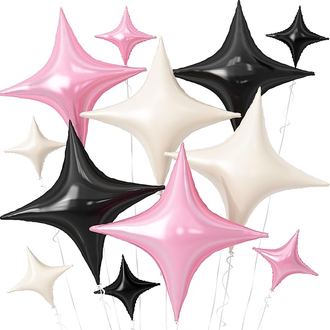 Pink Black Star Balloons,12Pcs Four Angle Star Foil Balloons,26Inch and 10Inch Pink White Quadrangle Helium Balloon for Birthday Baby Shower Anniversary Party Decorations