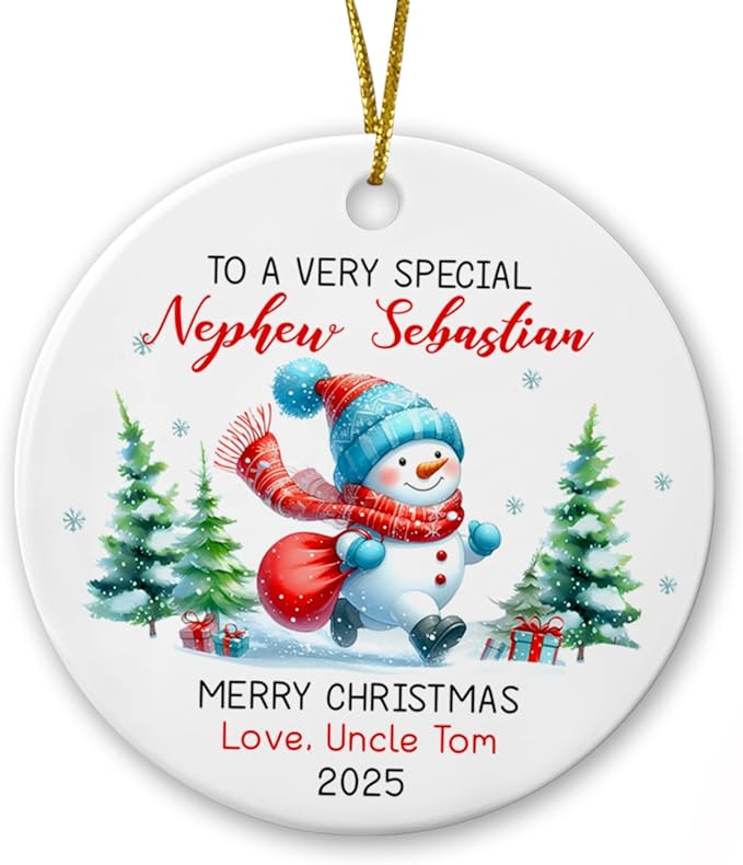 Personalized Special Nephew Snowman Ceramic Christmas Ornament 2025, Custom Year & Names Snowman Ornament Xmas Tree