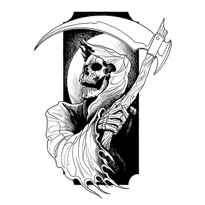 INKARTLINK Tattoo Tech, 2 Sheets Medium Semi Permanent Tattoo, Adult Art Design Temporary Tattoos, Lasts 1-2 Weeks, Waterproof, Realistic Look, No Adhesive, No Reflection (Grim Reaper Design)