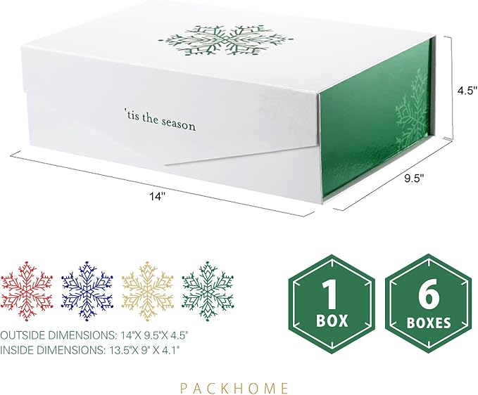 PACKHOME Large Christmas Gift Box 13.5x9x4.1 Inches, Sturdy Collapsible Gift Box with Magnetic Closure Lid (Green Snowflake Pattern)