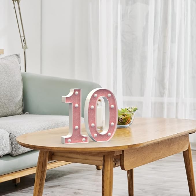 Marquee Light up Numbers 0-9, Battery Powered LED Light, Pink Glitter Plastic for 10th Birthday Decorations, Graduation Engagement Wedding Decor (Number 10)