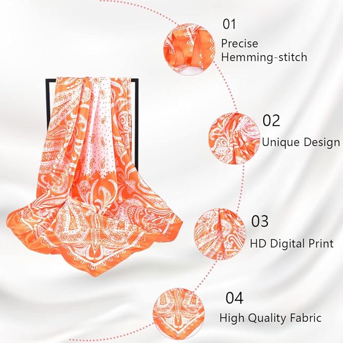 4Pcs Silk Head Scarves for Women Satin Hair Scarf 35”Large Square Bandana Silk Like Neck Scarf Shawl
