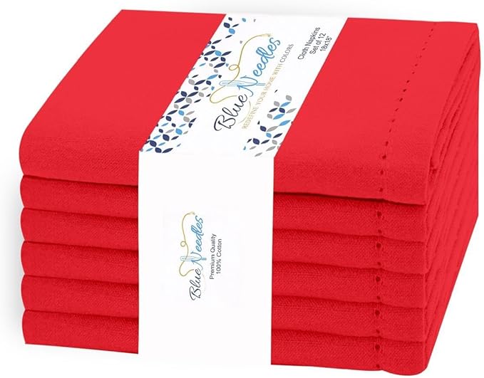 Blue Needles Set of 6 Hemstitch Linen Napkins 100% Cotton Red Cloth Dinner Napkins 18x18 inches, Soft, Reusable, Absorbent, Washable, Ideal for Fall Thanksgiving Events, Parties & Everyday Use