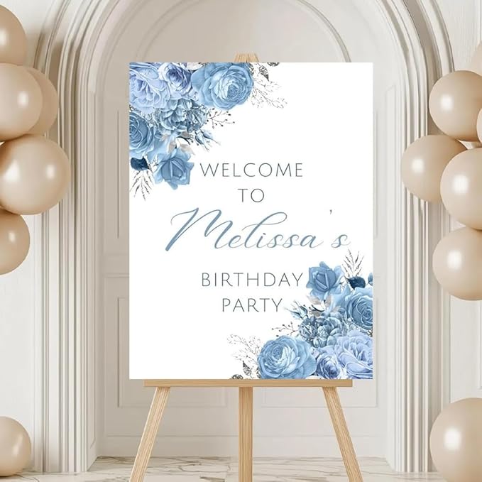 Editable Baby Blue and Silver Birthday Welcome Sign, Floral Birthday Party Welcome Poster, welcome birthday party sign, welcome sign for birthday parties