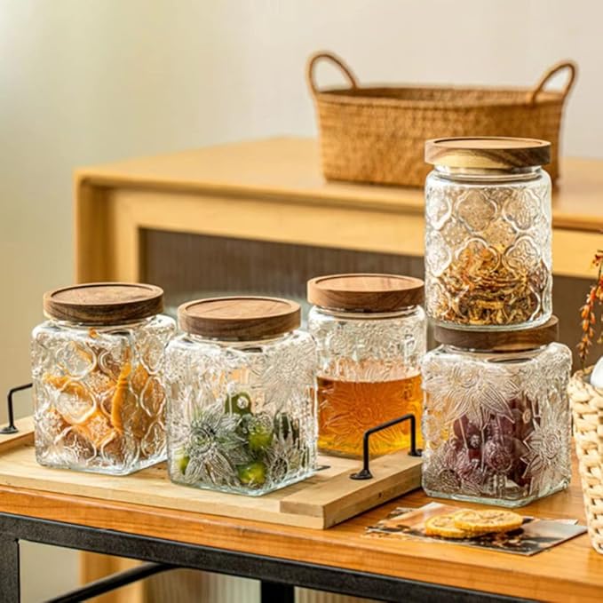 ANSQU Square Glass Jar with Lid – 25.4 oz Vintage Style Glass Food Storage Container for Kitchen Pantry, Candy, Sugar, Coffee, Cookies, Clear Kitchen Jar for Organization & Decor (Square Sunflower)