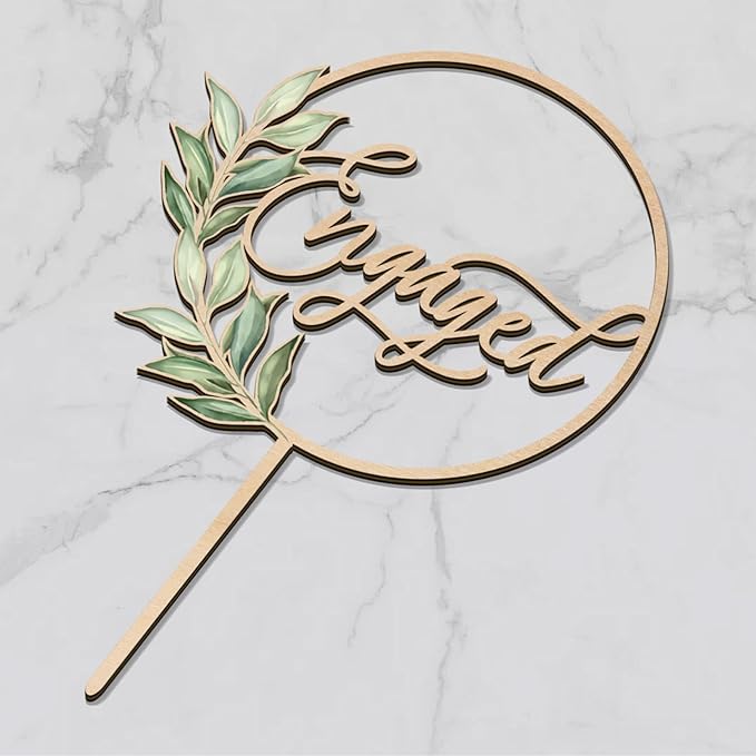 Engaged Cake Topper in Wood Greeny Engagement Cake Topper Decoration