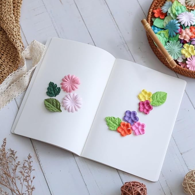 100 Pcs Handmade Mixed Mulberry Paper Flowers Petals and Leaves Scrapbooking Wedding DIY Craft Supplies Card(Mixed Pastel Flowers/Green Tone Leaves)