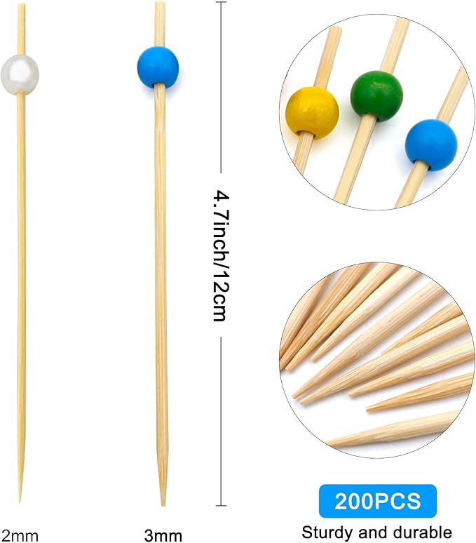BLUE TOP 200pcs Colorful Wood Pearl Cocktail Picks for Drinks&Food,4.7Inch Fancy Cocktail Toothpicks for Appetizers/Fruit/Cakes/Cheese,Food Picks,Decorative Bamboo picks for July 4th Parties,Bar