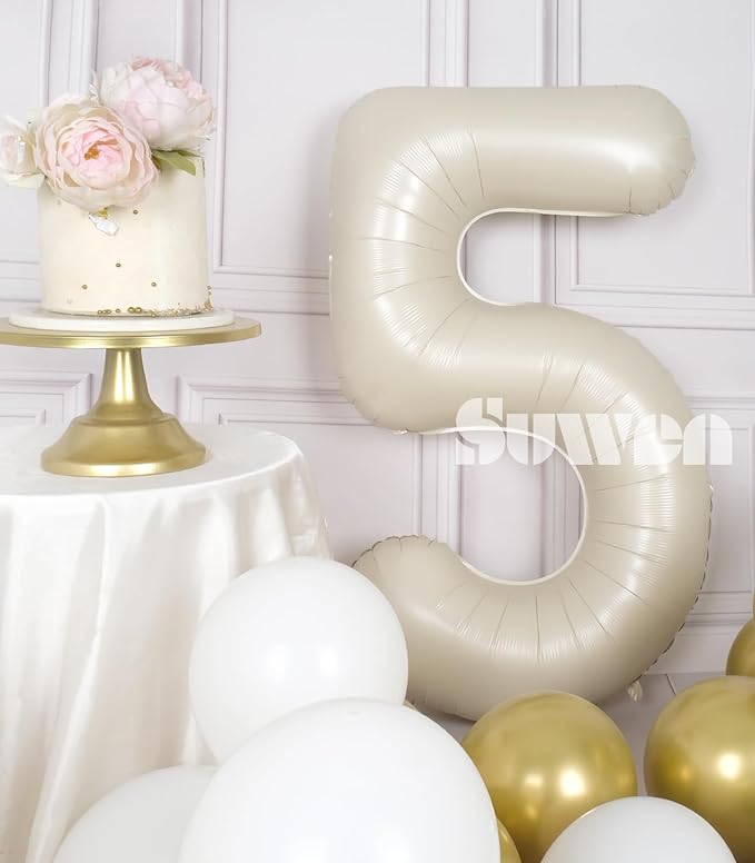 SUWEN 40 Inch Cream White Large 5 Number Balloons Big Foil Helium Number Balloons 0-9 Jumbo Happy 5th Mylar Birthday Party Decorations for Boy or Girl Anniversary Party Supplies