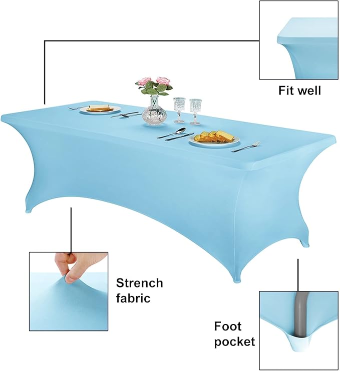FORLIFE 2Pack Spandex Table Covers，Fitted Tablecloth for Rectangular Tables, Stretch Patio Table Covers, Universal Spandex Table Cover for Wedding, Banquet, Party (8ft, Blue Mist)