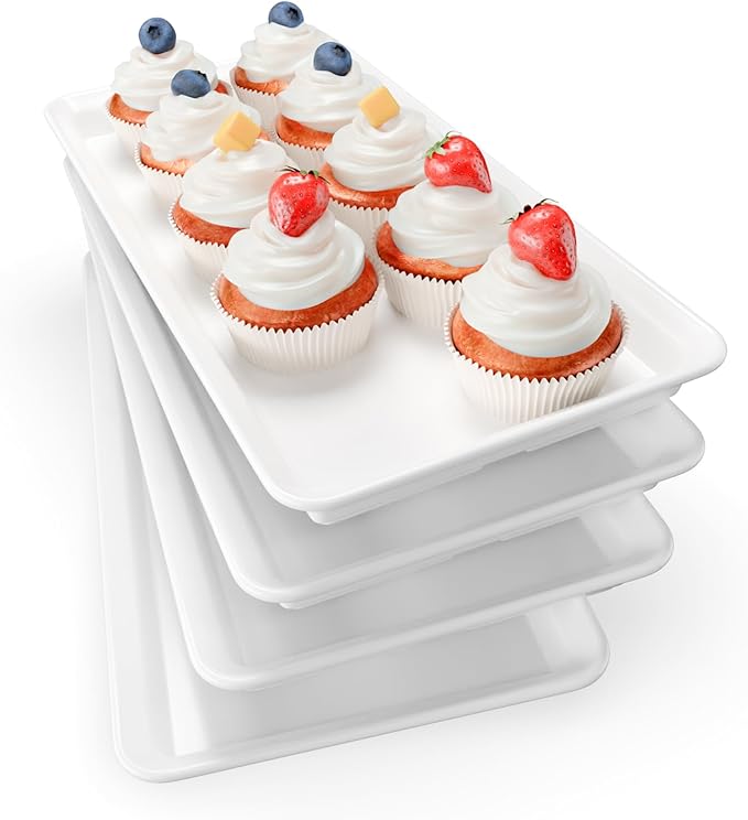 Extra Large Serving Tray Melamine Plastic for Party Supplies, 14" x 7" Platters for Serving Food, 4 pcs White Reusable Tray for Veggie, Snack, Fruit, Cookies, Desserts in Kitchen/Pantry Organization