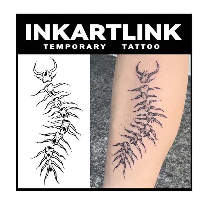 INKARTLINK Tattoo Tech, 2 Sheets Medium Semi Permanent Tattoo, Adult Art Design Temporary Tattoos, Lasts 1-2 Weeks, Waterproof, Realistic Look, No Reflection (Tooth Spine)