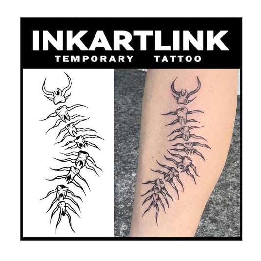 INKARTLINK Tattoo Tech, 2 Sheets Medium Semi Permanent Tattoo, Adult Art Design Temporary Tattoos, Lasts 1-2 Weeks, Waterproof, Realistic Look, No Reflection (Tooth Spine)
