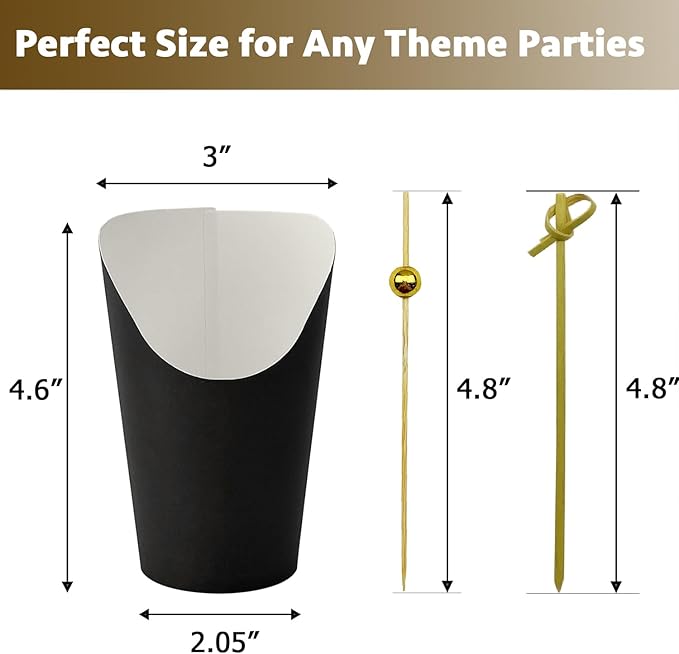 CAMKYDE 50 Charcuterie Cups + 200 Cocktail Picks + 56 Labels, 12 oz Disposable Charcuterie Cups with Sticks (2 Types), French Fry Cups Brown Paper Appetizer Cups for all Occasions（Black）